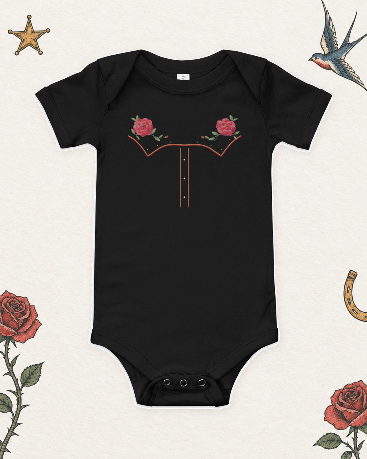 Little Rodeo Suit Baby Bodysuit, Midnight Rose, in black