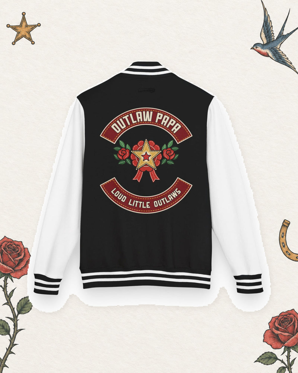 Outlaw Papa Varsity Letterman Jacket in black and white, back view