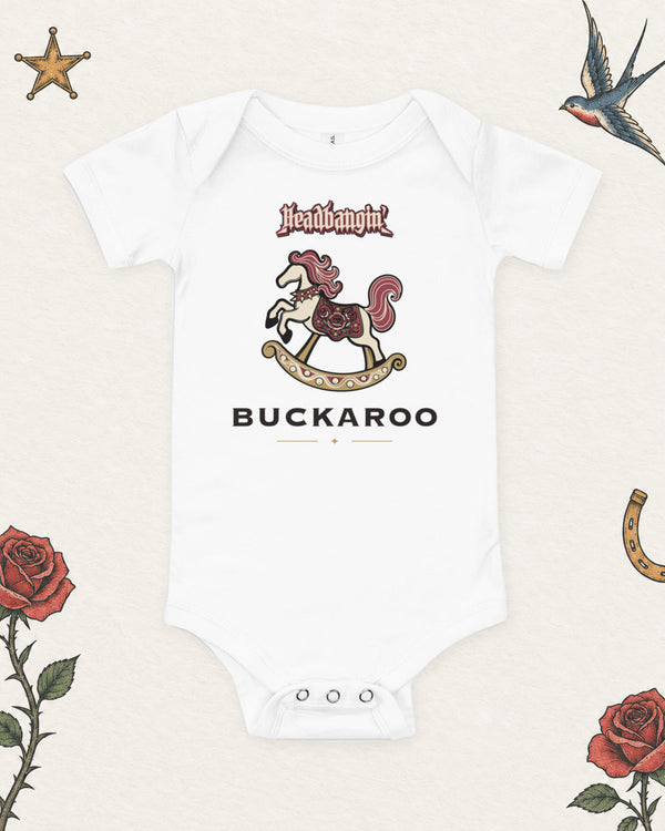 Headbangin' Buckaroo Baby Bodysuit in White, product view on pale ivory with faded colored tattoo flash.