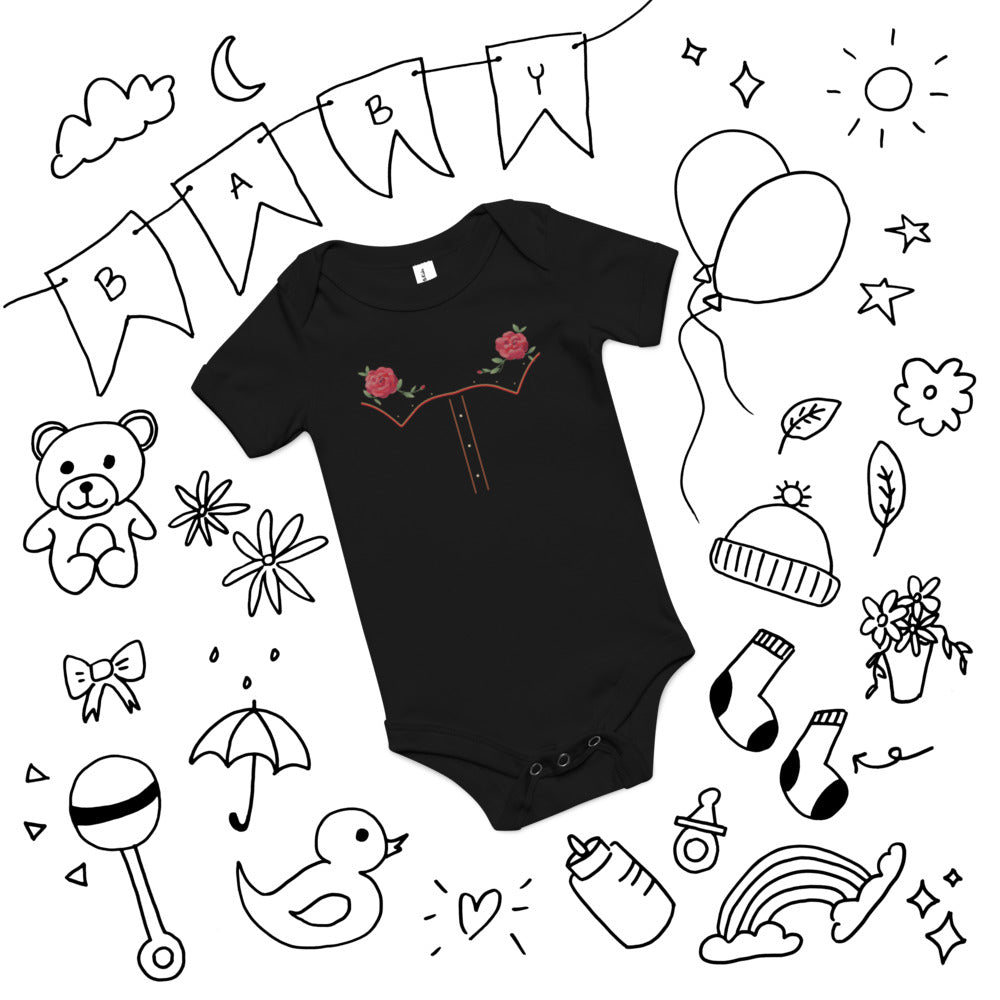 Little Rodeo Suit Baby Bodysuit, Midnight Rose, black, printed western yoke, roses, piping and pearl-style dots, front view.