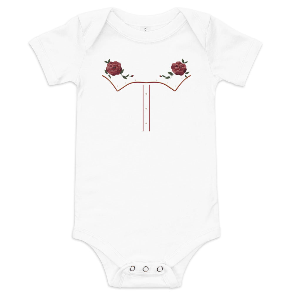 Little Rodeo Suit Baby Bodysuit, Sunday Best, white, printed western yoke, roses, piping and pearl-style dots, front view.