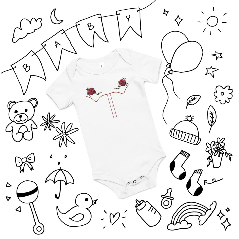 Little Rodeo Suit Baby Bodysuit, Sunday Best, white, printed western yoke, roses, piping and pearl-style dots, front view.