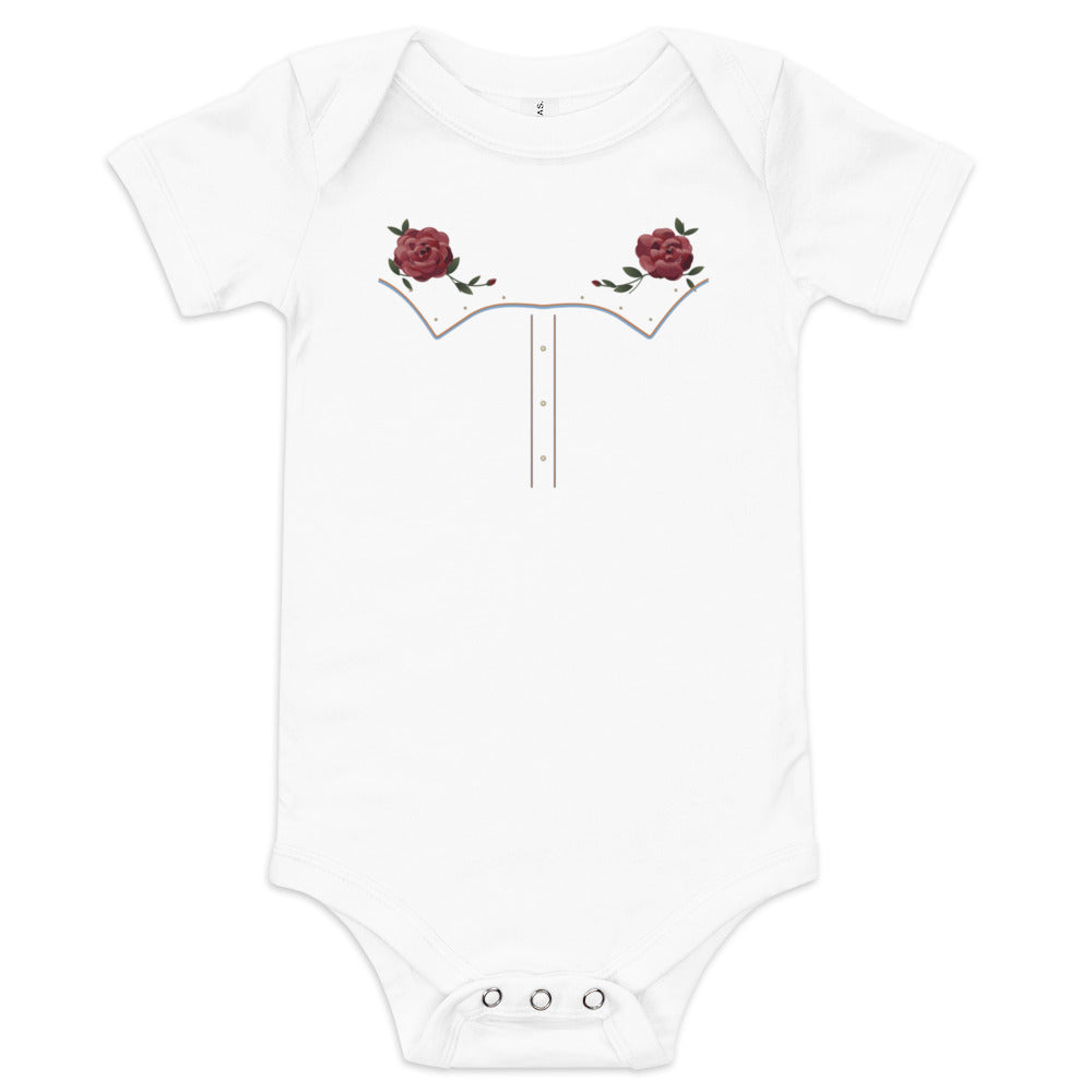 Little Rodeo Suit Baby Bodysuit, Powder Blue Star, white, printed western yoke, roses, piping and pearl-style dots, front view.