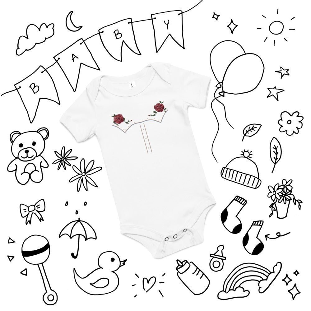Little Rodeo Suit Baby Bodysuit, Powder Blue Star, white, printed western yoke, roses, piping and pearl-style dots, front view.