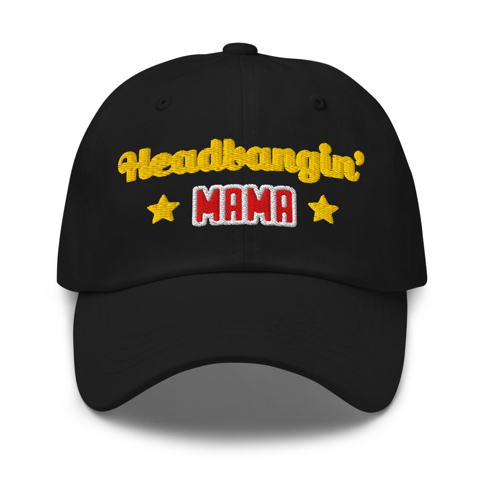Headbangin' Mama Embroidered Dad Hat, black, gold Headbangin' script over red MAMA, between two gold stars, front view.