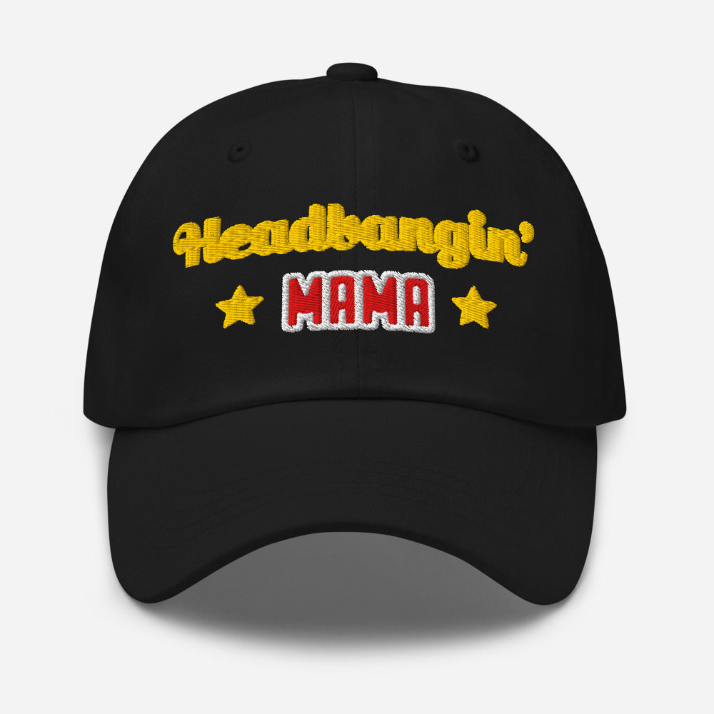 Headbangin' Mama Embroidered Dad Hat, black, gold Headbangin' script over red MAMA, between two gold stars, front view.