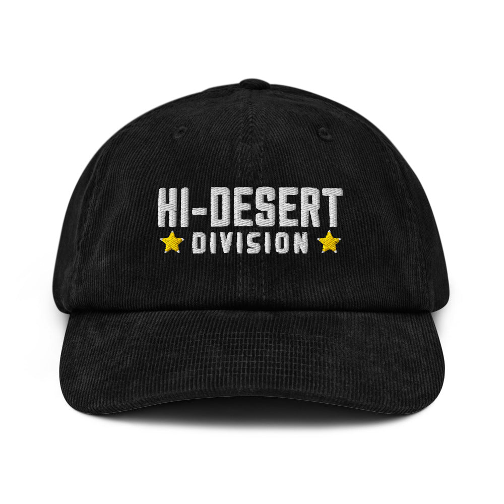 Hi-Desert Division Embroidered Corduroy Cap, black, hi-Desert Division embroidery between two stars, front view.