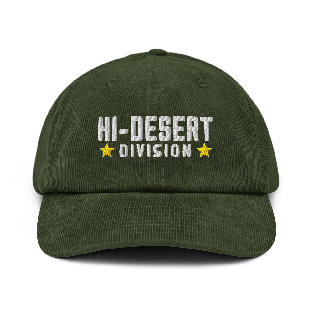 Hi-Desert Division Embroidered Corduroy Cap, dark olive, hi-Desert Division embroidery between two stars, front view.