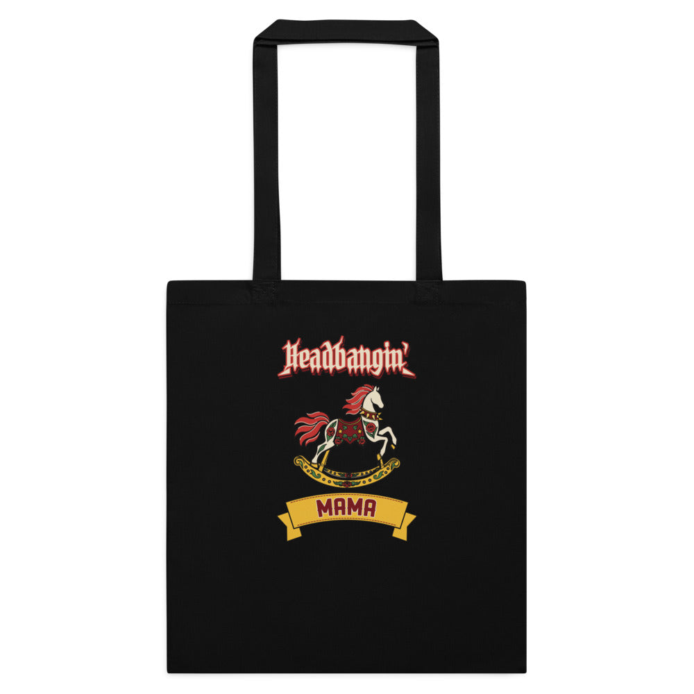 Headbangin' Mama Tote, black, gold Headbangin' script, rose-trimmed rocking horse and MAMA banner, front view.