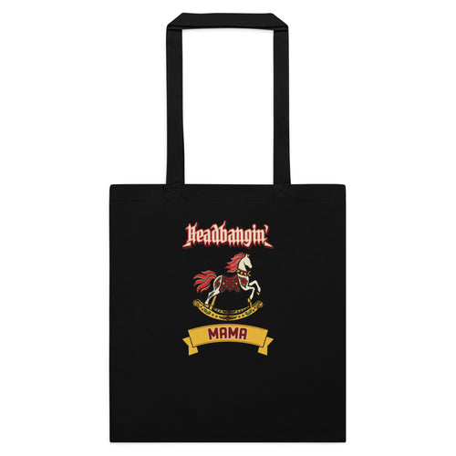 Headbangin' Mama Tote, black, gold Headbangin' script, rose-trimmed rocking horse and MAMA banner, front view.