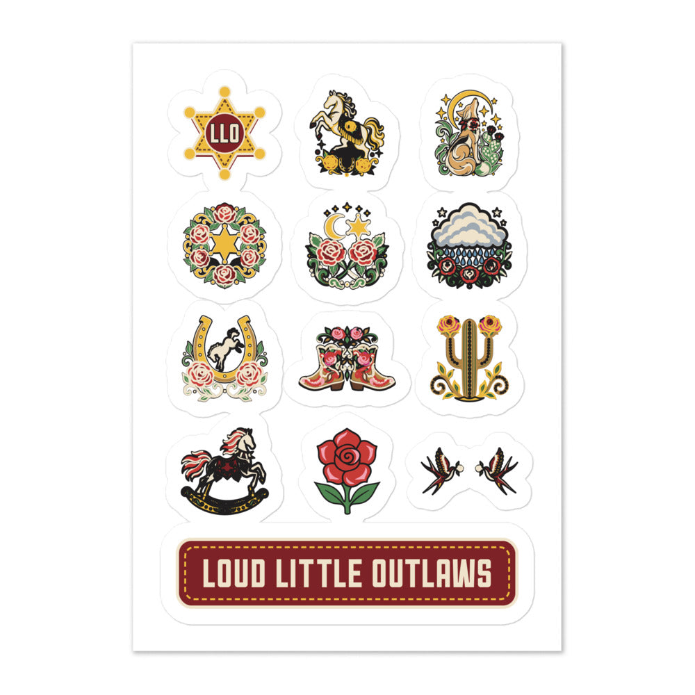 Little Outlaw Flash Sticker Sheet, white, thirteen tattoo-flash motifs including a sheriff star, rocking horse, cactus, roses and swallows, front view.