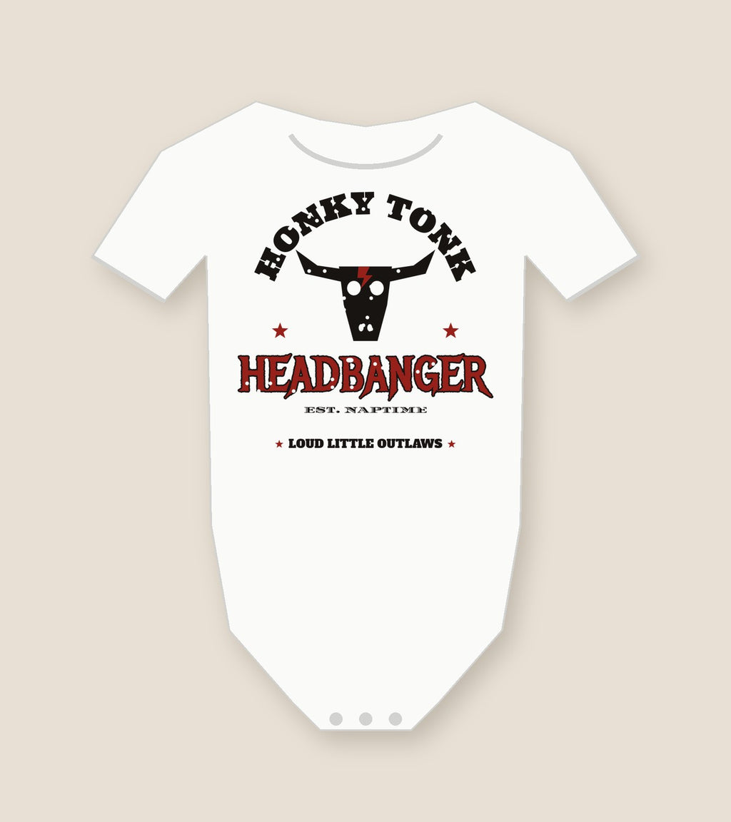 Honky Tonk Headbanger Baby Bodysuit, white, steer skull, red lightning bolt and Honky Tonk Headbanger lettering, product view.