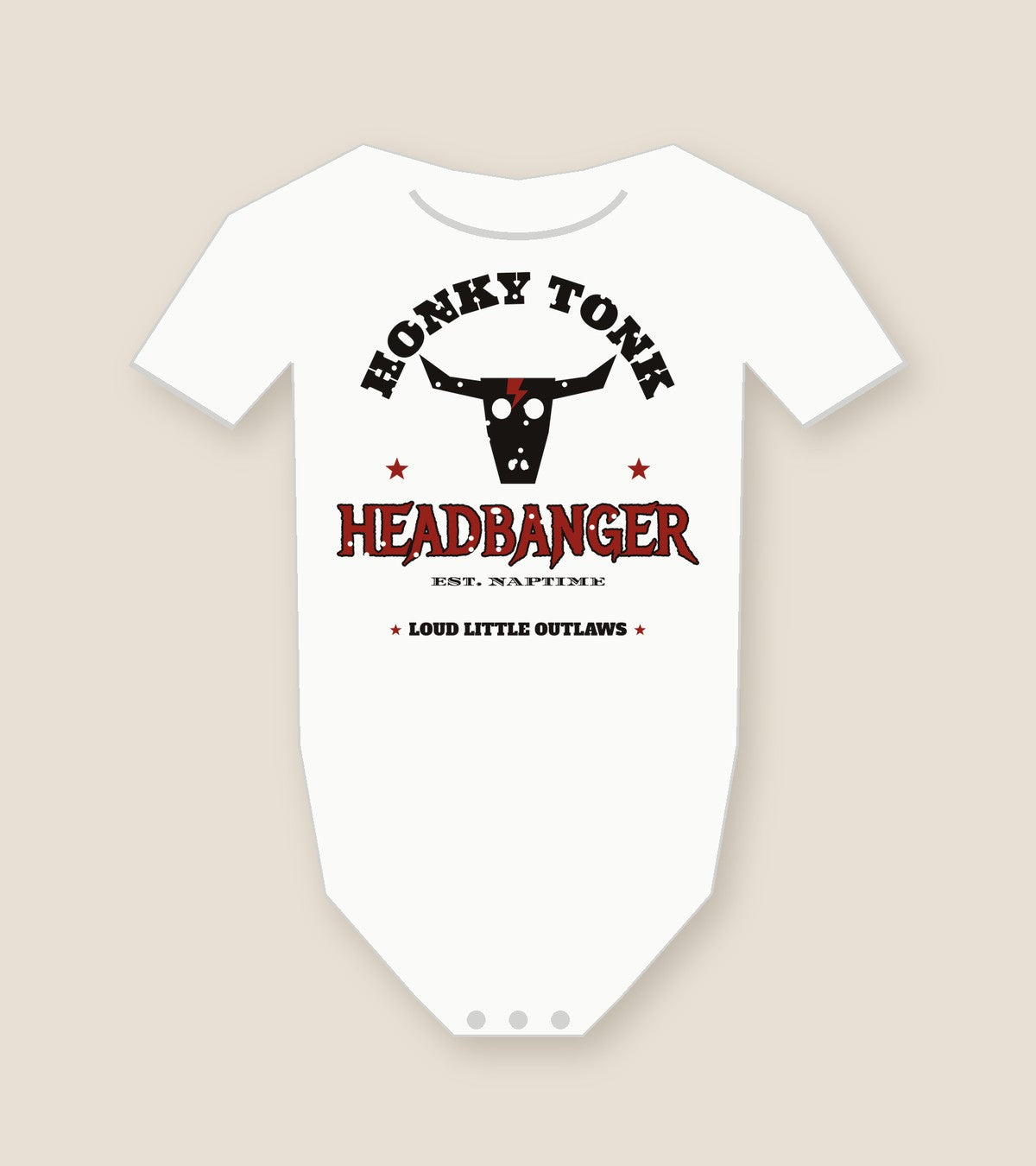 Honky Tonk Headbanger Baby Bodysuit, white, steer skull, red lightning bolt and Honky Tonk Headbanger lettering, product view.