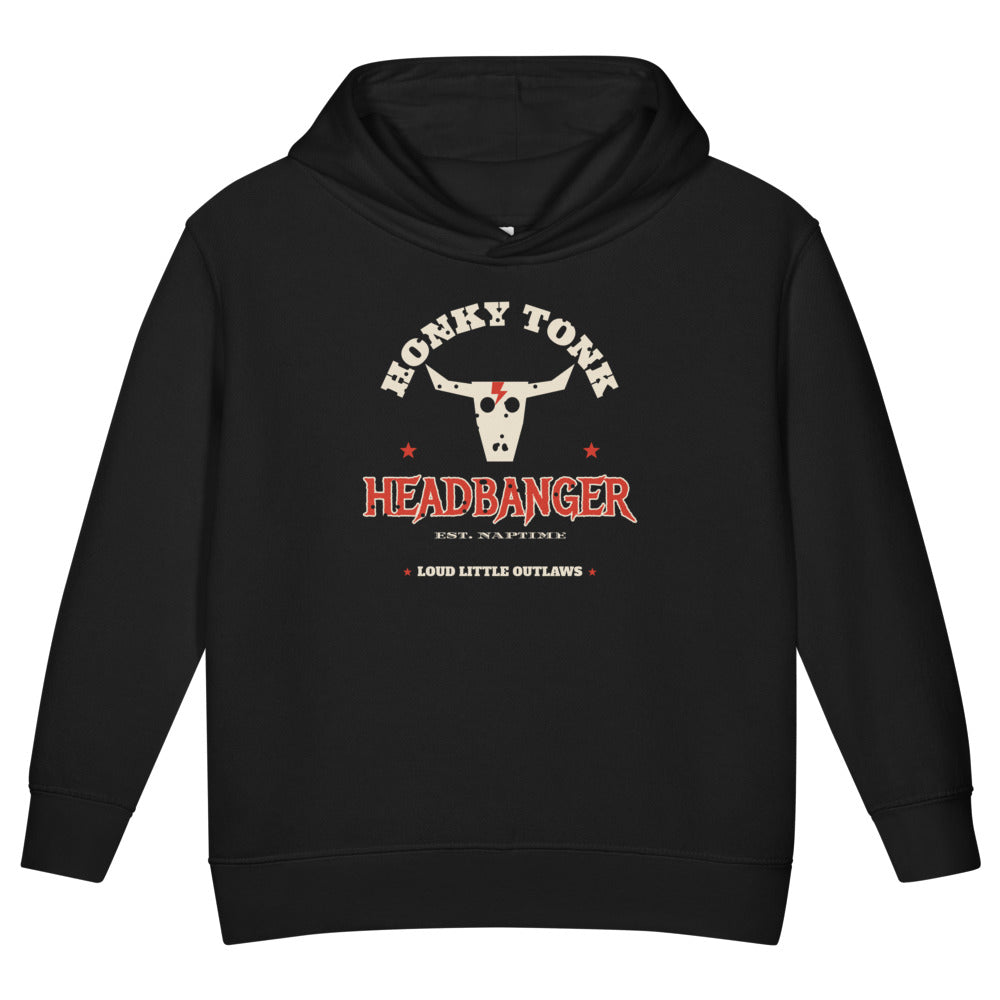 Honky Tonk Headbanger Toddler Hoodie, black, steer skull, red lightning bolt and Honky Tonk Headbanger lettering, product view.