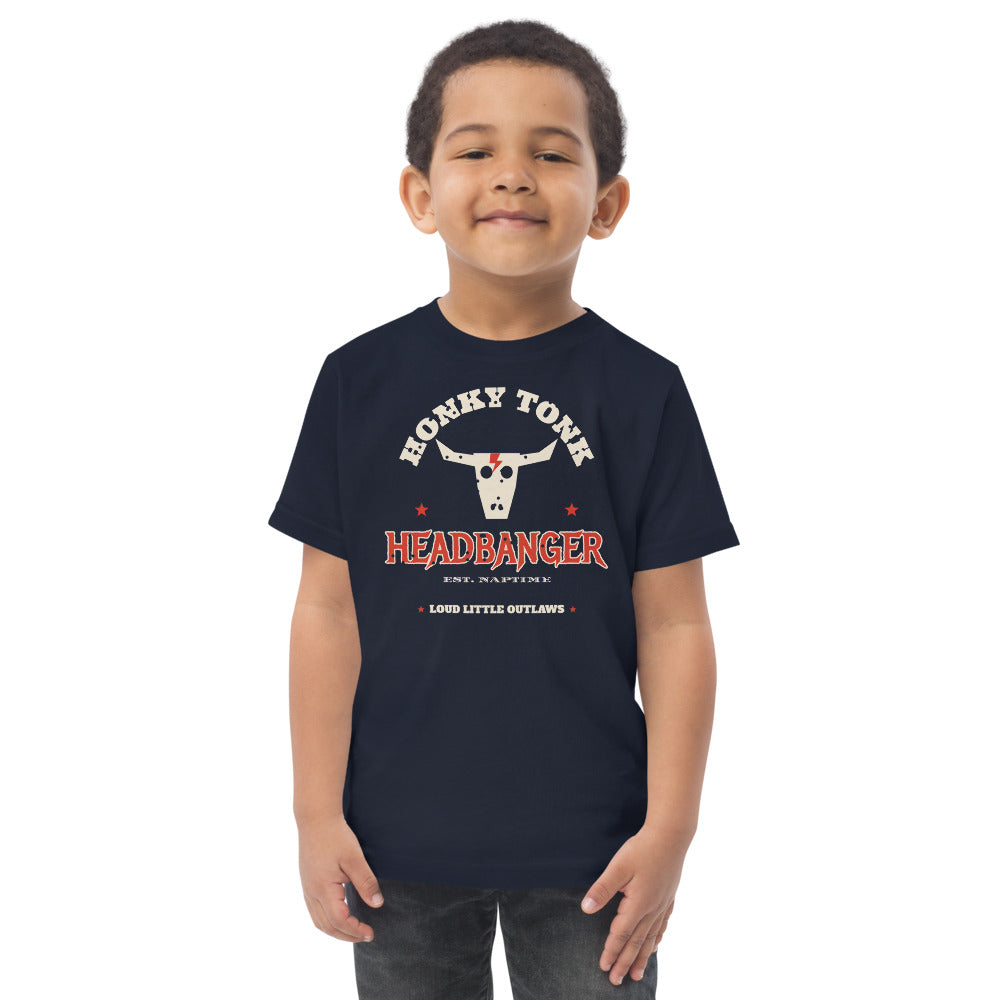 Honky Tonk Headbanger Toddler Tee, navy, steer skull, red lightning bolt and Honky Tonk Headbanger lettering, product view.