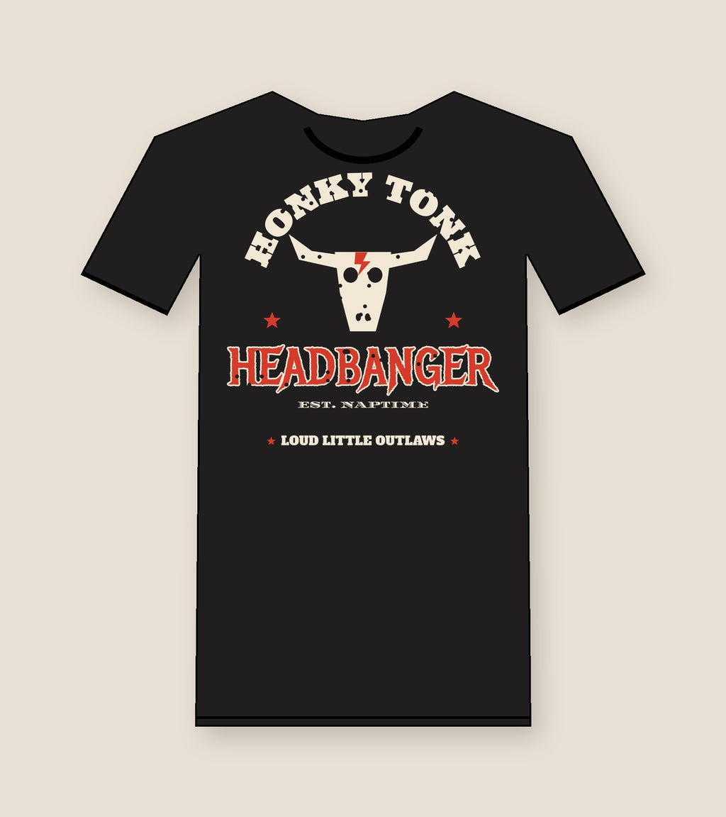 Honky Tonk Headbanger Toddler Tee, black, steer skull, red lightning bolt and Honky Tonk Headbanger lettering, product view.