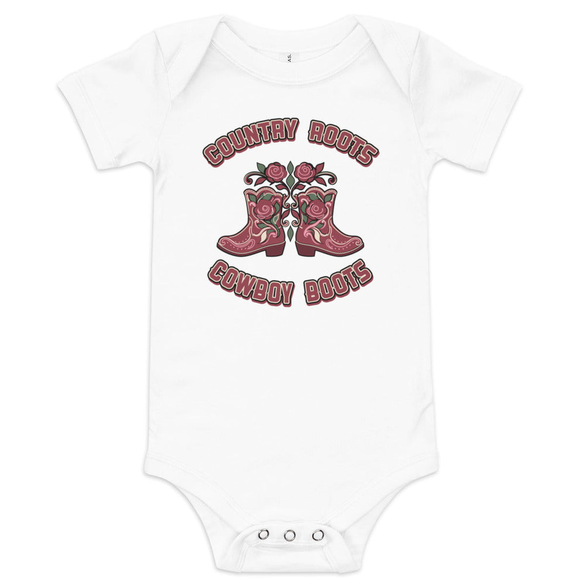 Country Roots, Cowboy Boots Baby Bodysuit in White, product view on clean background.