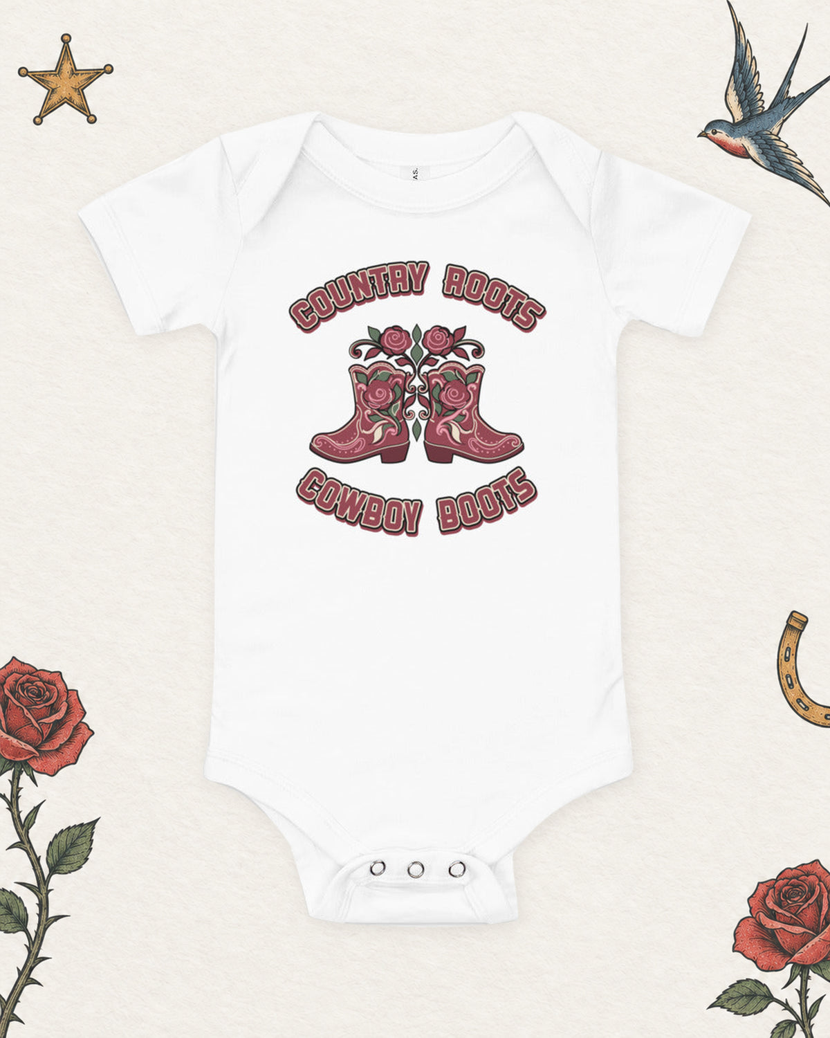 Country Roots, Cowboy Boots Baby Bodysuit in White, product view on pale ivory with faded colored tattoo flash.