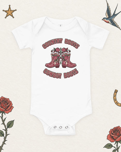 Country Roots, Cowboy Boots Baby Bodysuit in White, product view on pale ivory with faded colored tattoo flash.