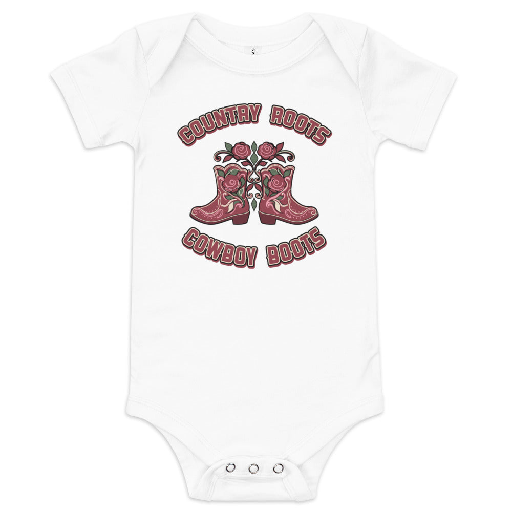 Country Roots, Cowboy Boots Baby Bodysuit, white, rose-covered cowboy boots and western lettering, product view.