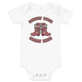 Country Roots, Cowboy Boots Baby Bodysuit, white, rose-covered cowboy boots and western lettering, product view.