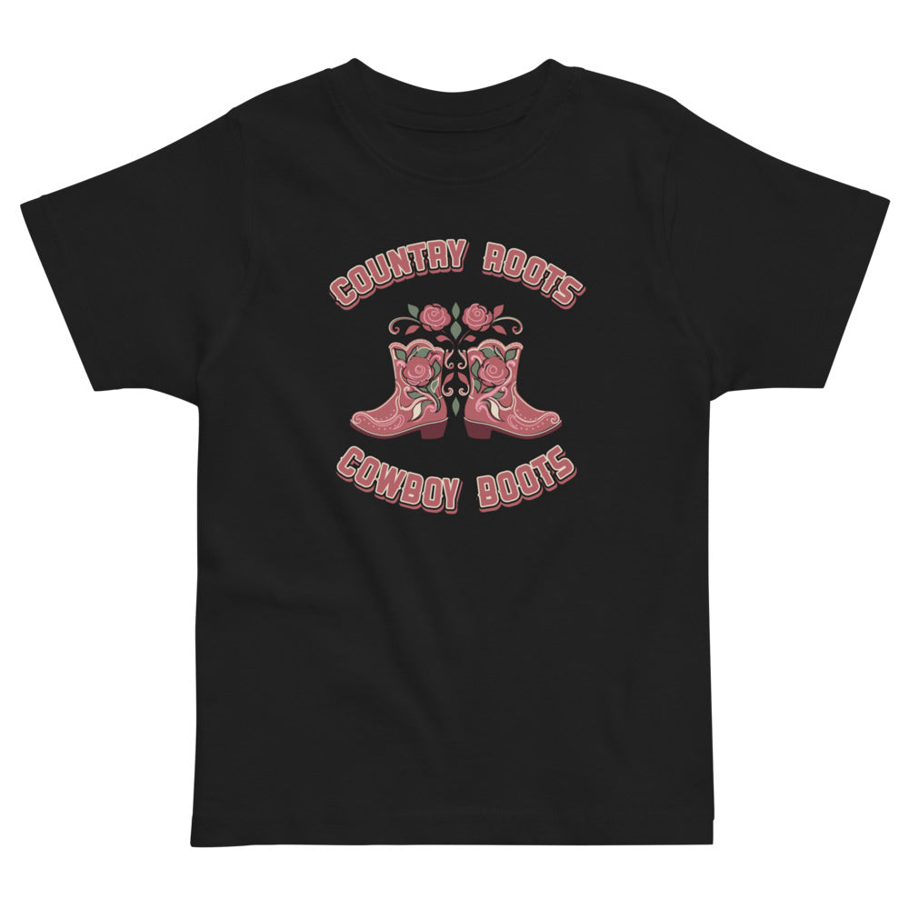 Country Roots, Cowboy Boots Toddler Tee, black, rose-covered cowboy boots and western lettering, product view.