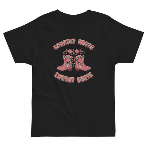 Country Roots, Cowboy Boots Toddler Tee, black, rose-covered cowboy boots and western lettering, product view.