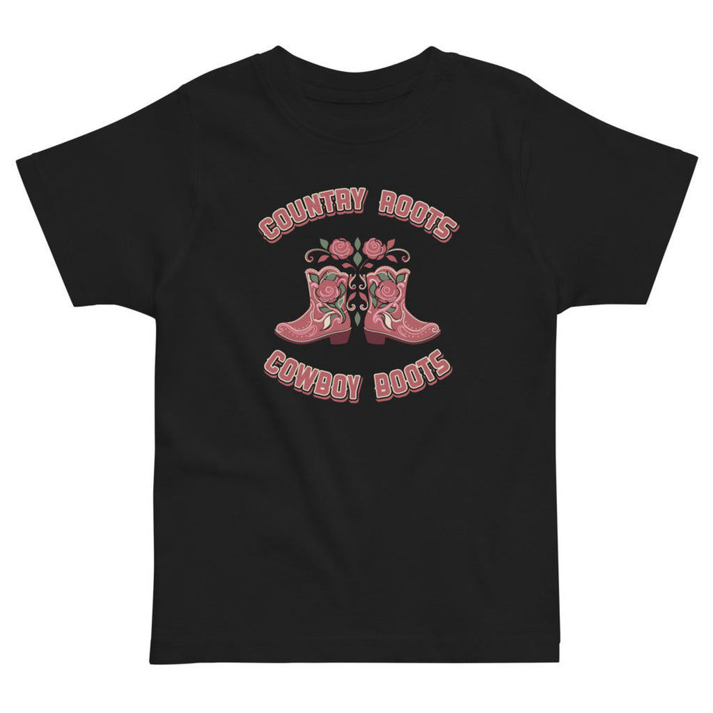 Country Roots, Cowboy Boots Toddler Tee in Black, product view on clean background.