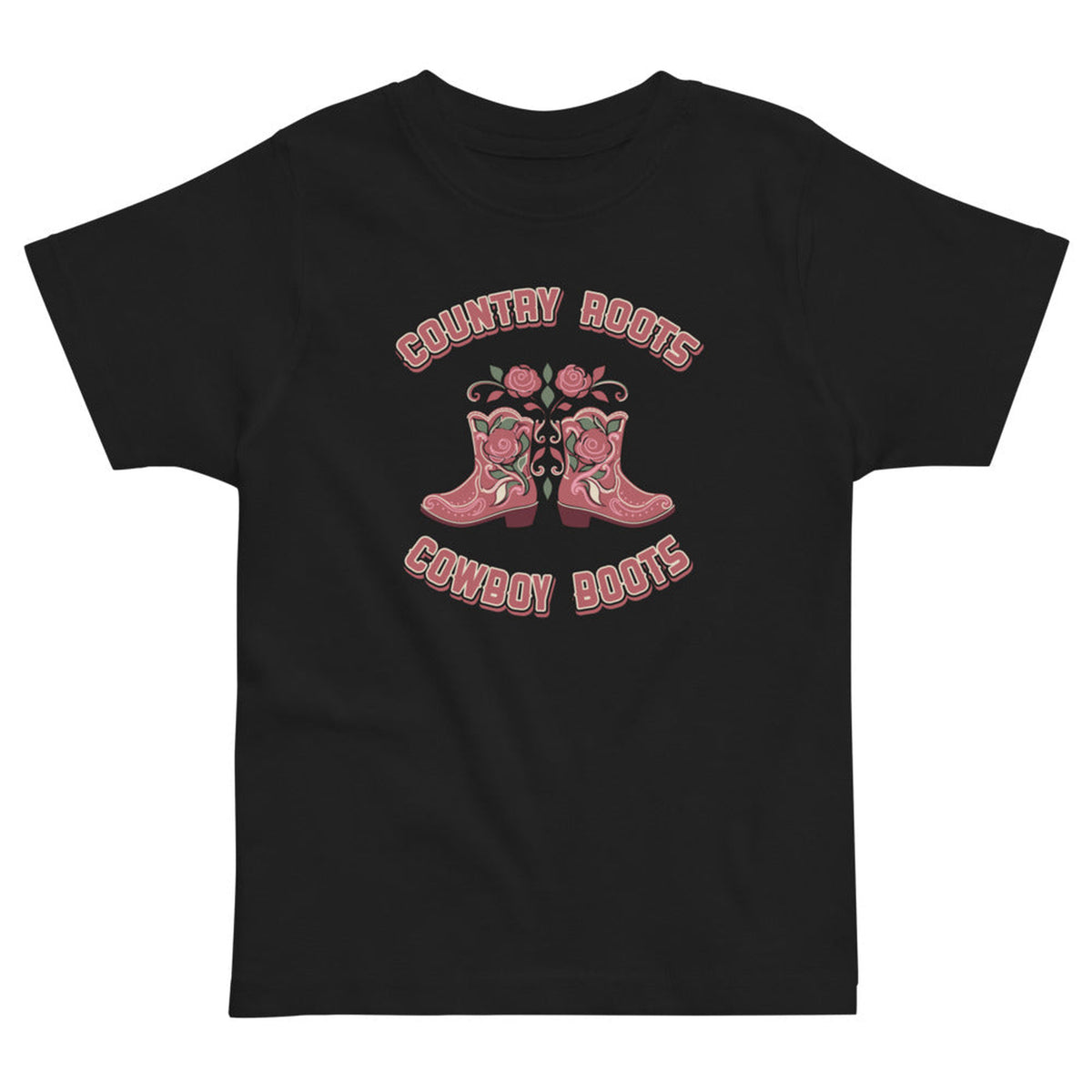 Country Roots, Cowboy Boots Toddler Tee in Black, product view on clean background.