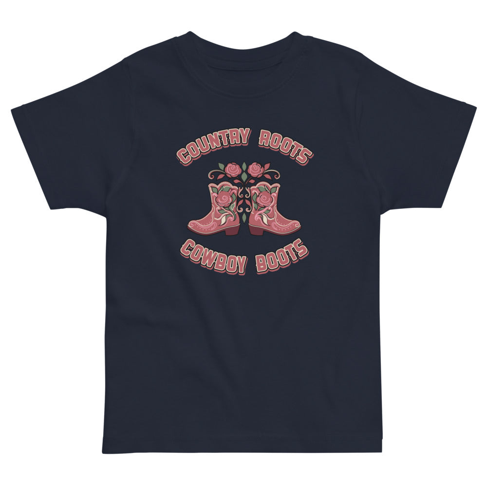 Country Roots, Cowboy Boots Toddler Tee, navy, rose-covered cowboy boots and western lettering, product view.