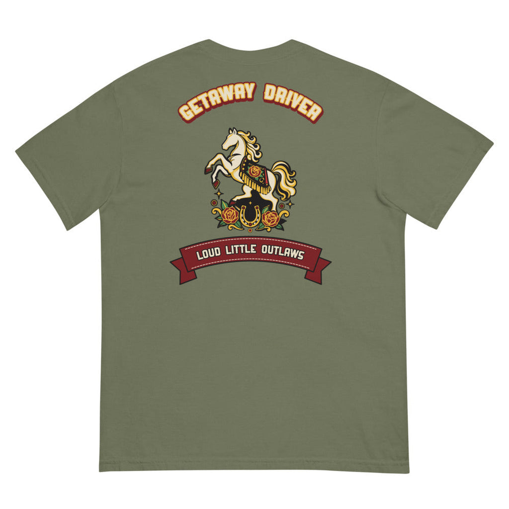 Getaway Driver Papa Heavyweight Work Tee in Moss, back view on clean background.