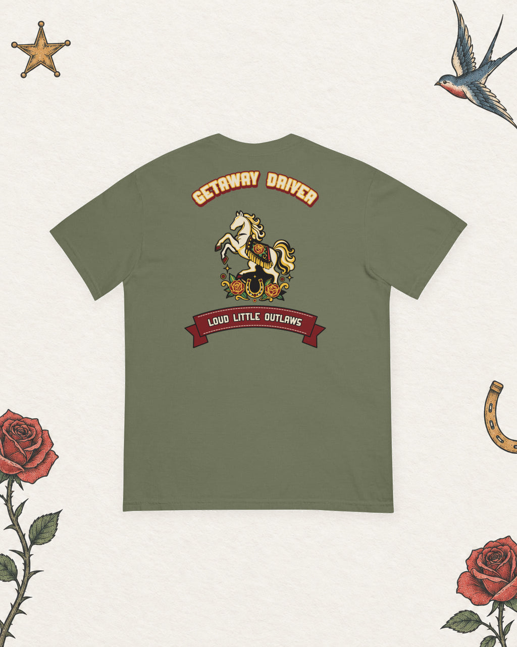 Getaway Driver Papa Heavyweight Work Tee in Moss, back view on pale ivory with faded colored tattoo flash.