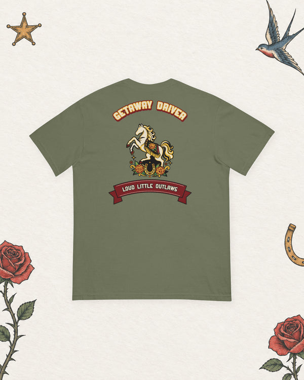 Getaway Driver Papa Heavyweight Work Tee in Moss, back view on pale ivory with faded colored tattoo flash.