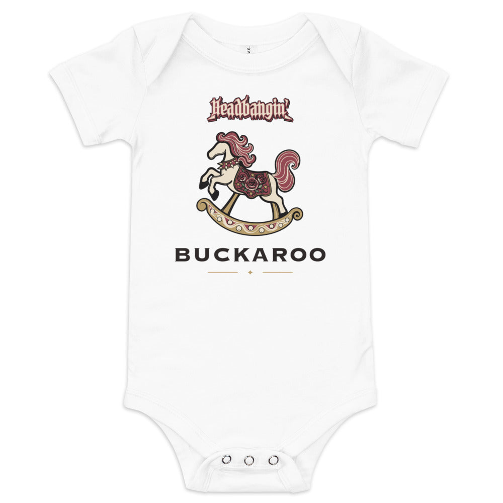 Headbangin' Buckaroo Baby Bodysuit, white, decorated rocking horse and Headbangin' Buckaroo lettering, product view.