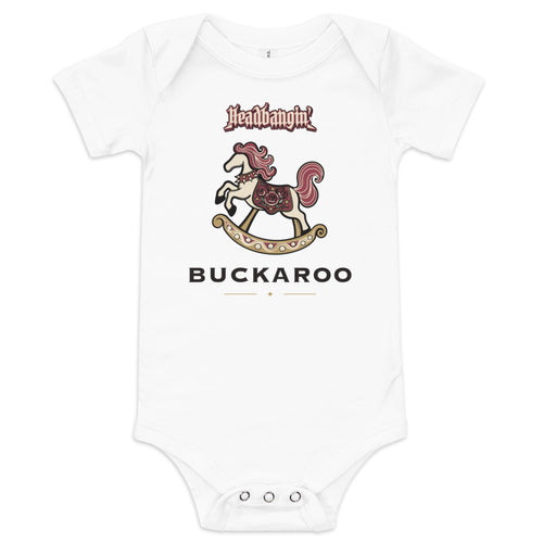 Headbangin' Buckaroo Baby Bodysuit, white, decorated rocking horse and Headbangin' Buckaroo lettering, product view.