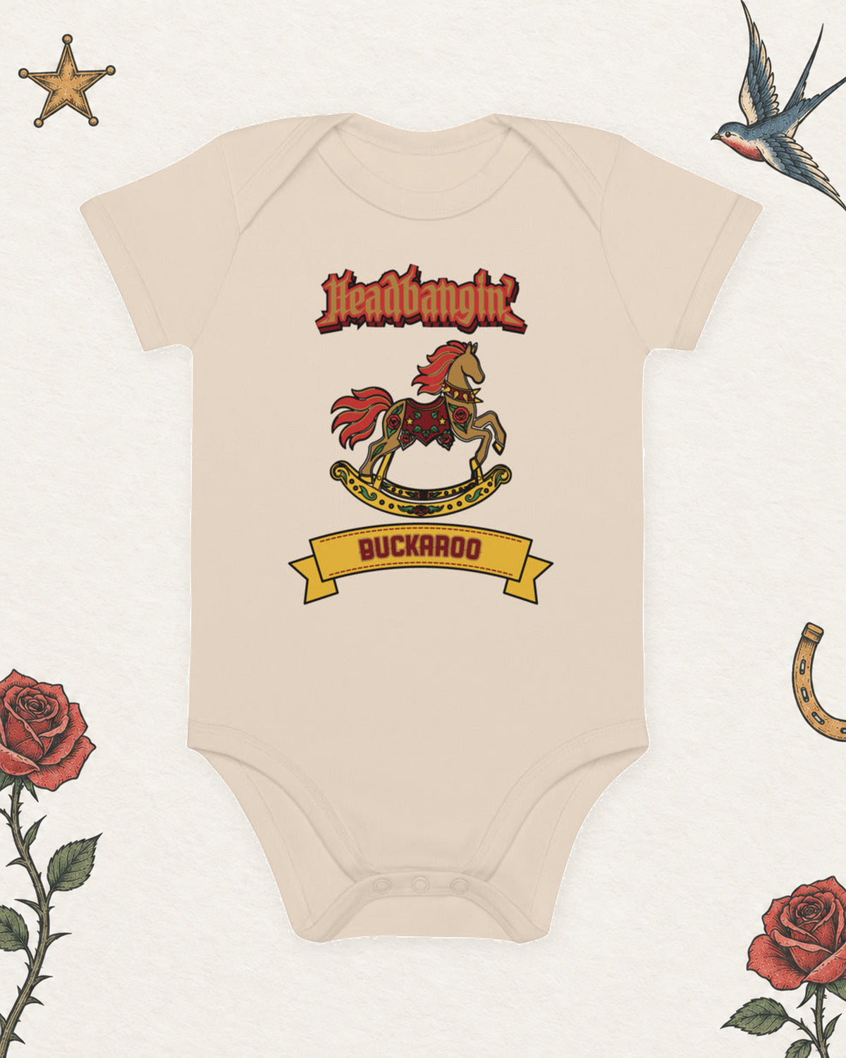Headbangin' Buckaroo Organic Baby Bodysuit, Natural in Natural, product view on pale ivory with faded colored tattoo flash.