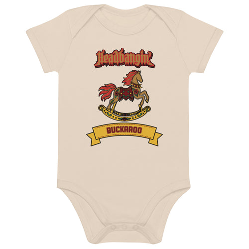 Headbangin' Buckaroo Organic Baby Bodysuit, Natural, natural, rocking horse and Headbangin' Buckaroo lettering on Natural cotton, product view.