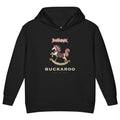 Headbangin' Buckaroo Toddler Hoodie, black, decorated rocking horse and Headbangin' Buckaroo lettering, product view.