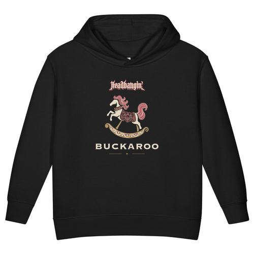 Headbangin' Buckaroo Toddler Hoodie, black, decorated rocking horse and Headbangin' Buckaroo lettering, product view.