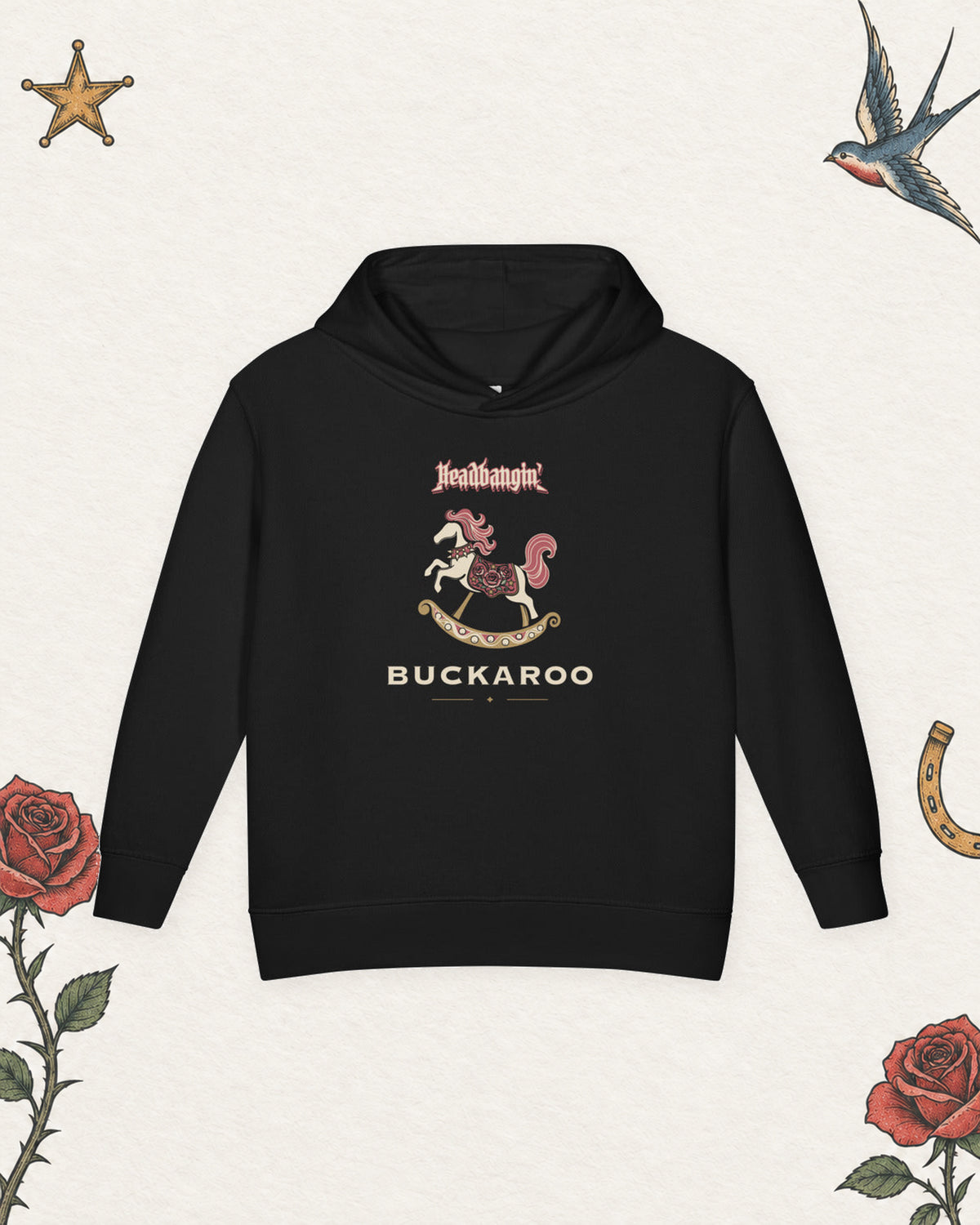 Headbangin' Buckaroo Toddler Hoodie in Black, product view on pale ivory with faded colored tattoo flash.