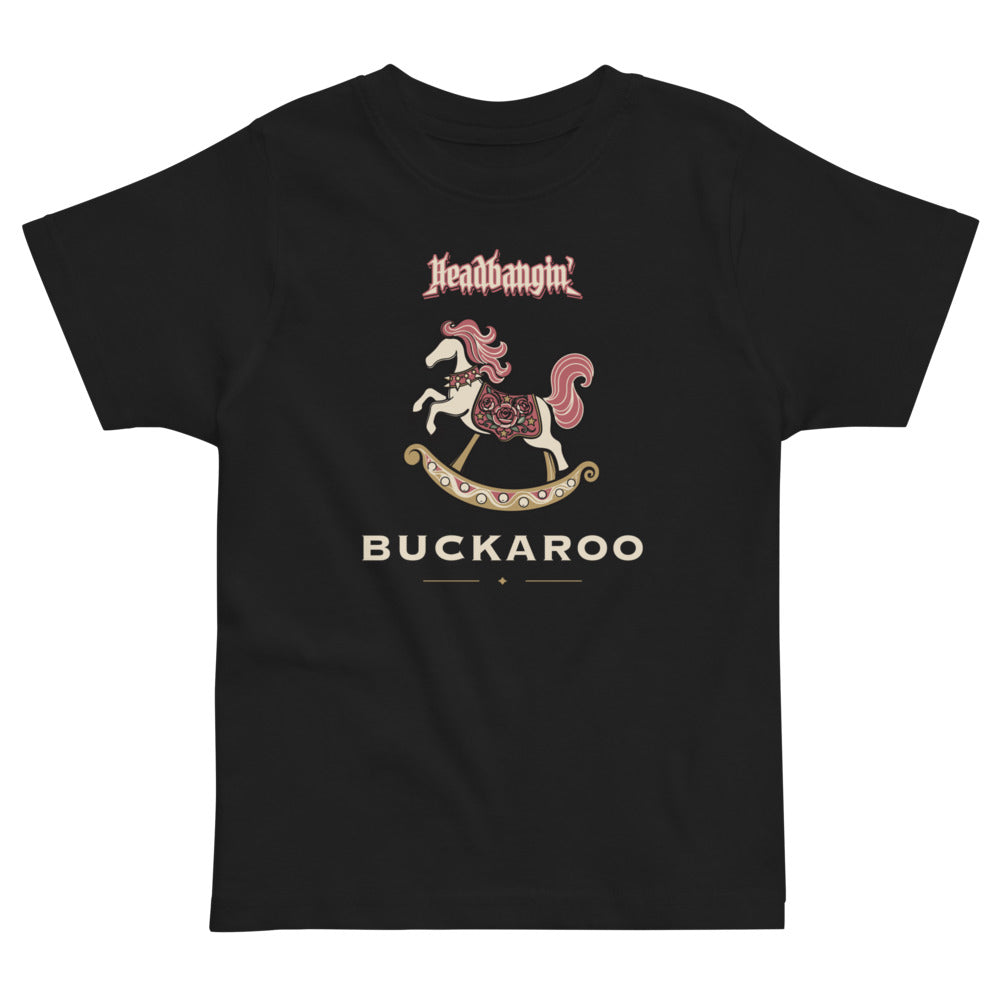 Headbangin' Buckaroo Toddler Tee, black, decorated rocking horse and Headbangin' Buckaroo lettering, product view.