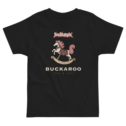 Headbangin' Buckaroo Toddler Tee, black, decorated rocking horse and Headbangin' Buckaroo lettering, product view.