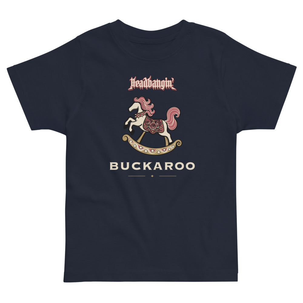 Headbangin' Buckaroo Toddler Tee, navy, decorated rocking horse and Headbangin' Buckaroo lettering, product view.