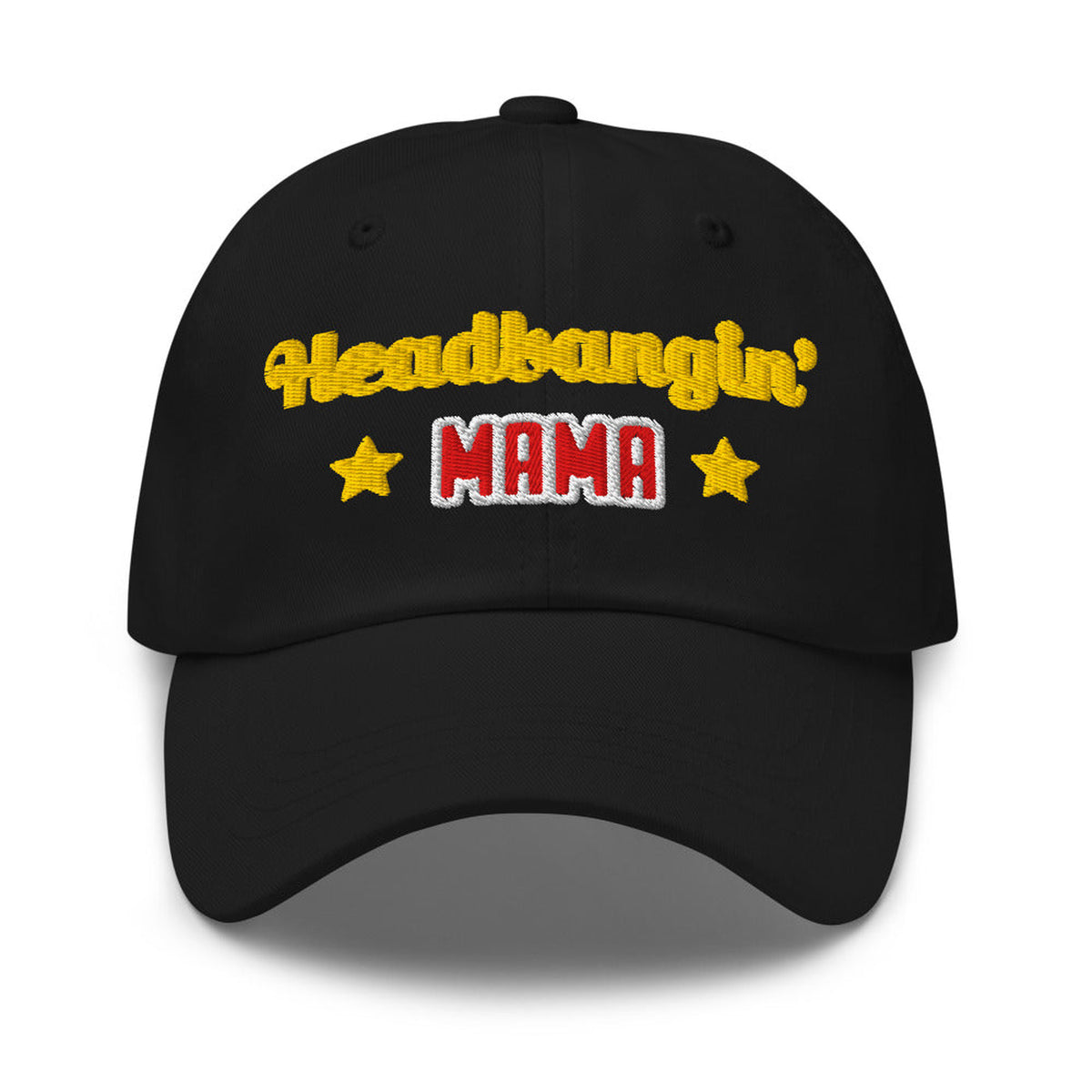 Headbangin' Mama Embroidered Dad Hat in Black, product view on clean background.