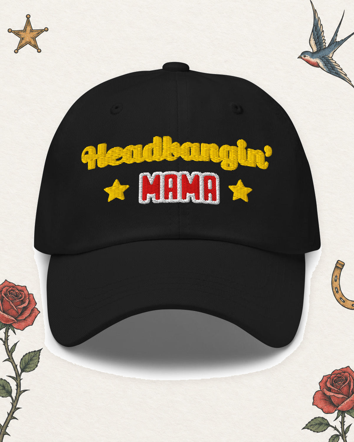 Headbangin' Mama Embroidered Dad Hat in Black, product view on pale ivory with faded colored tattoo flash.