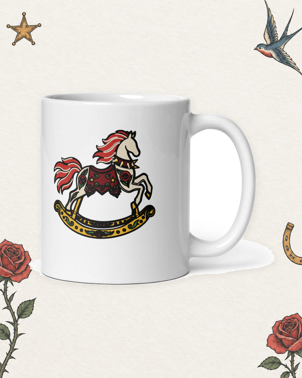 Headbangin' Mama Mug in White, product view on pale ivory with faded colored tattoo flash.