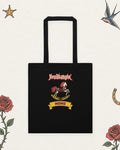 Headbangin' Mama Tote in Black, product view on pale ivory with faded colored tattoo flash.