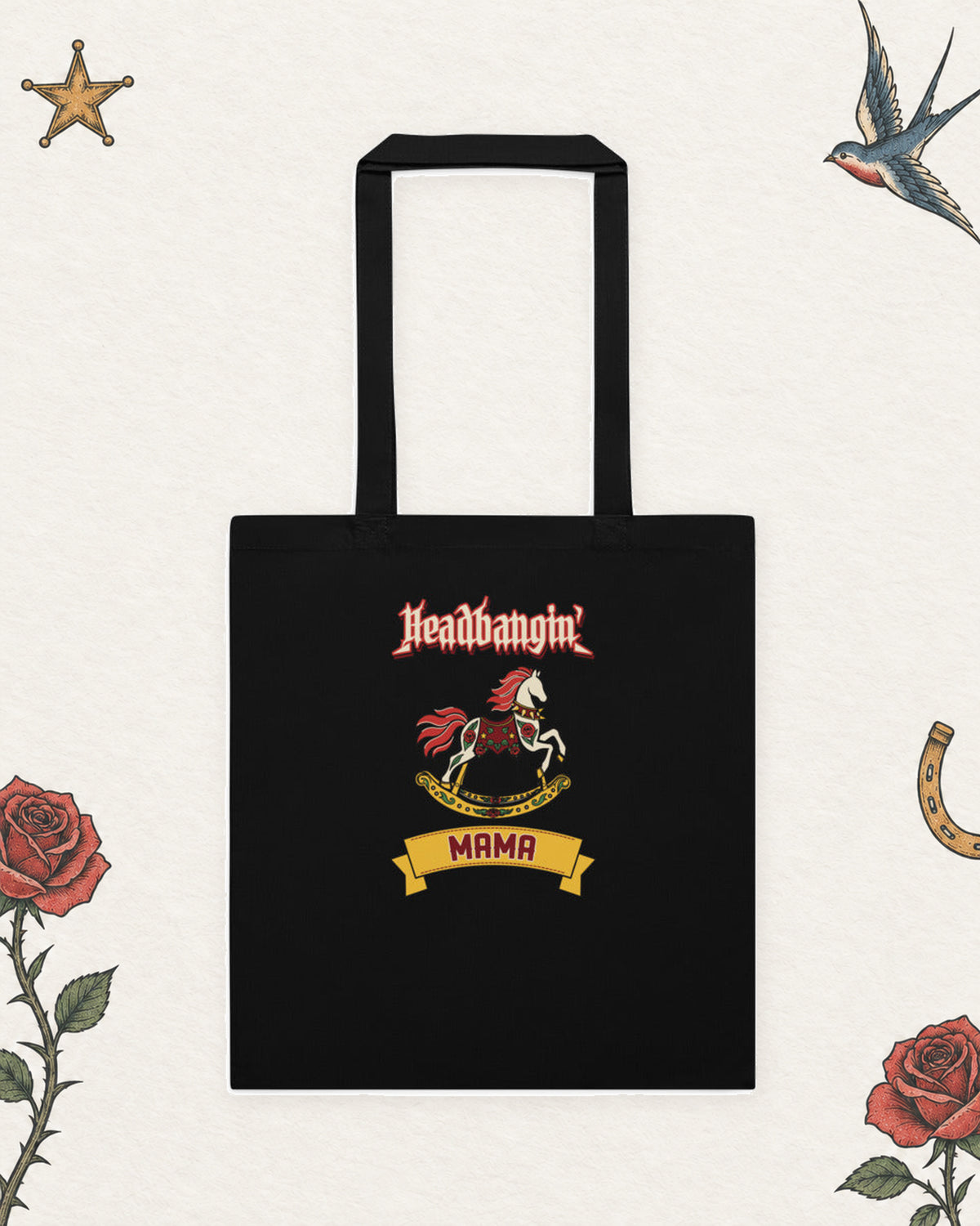 Headbangin' Mama Tote in Black, product view on pale ivory with faded colored tattoo flash.