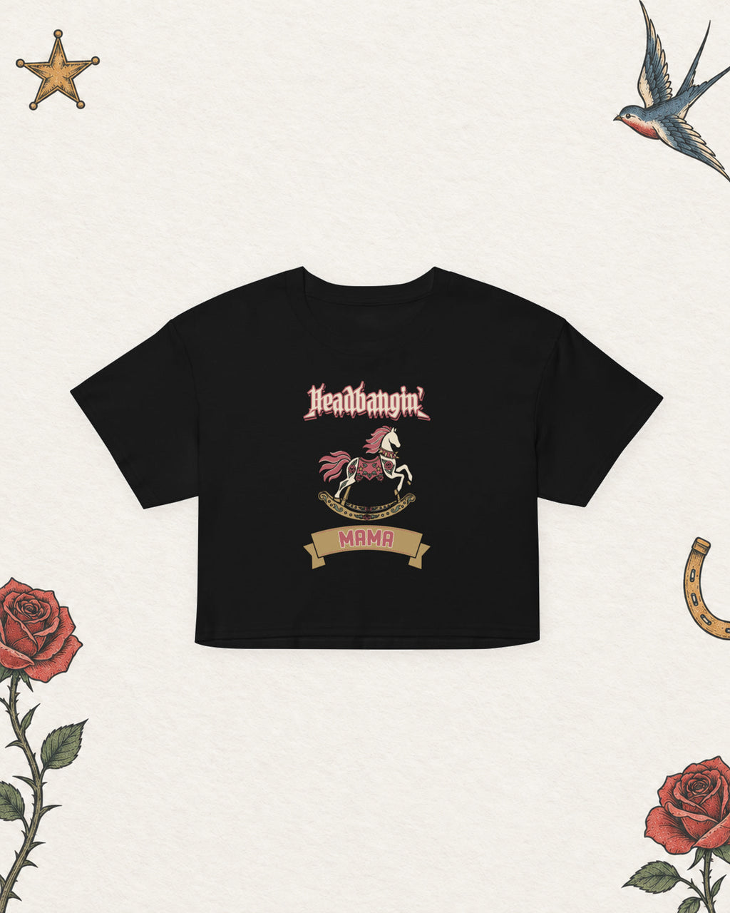 Headbangin' Mama Women's Crop Top in Black, product view on pale ivory with faded colored tattoo flash.