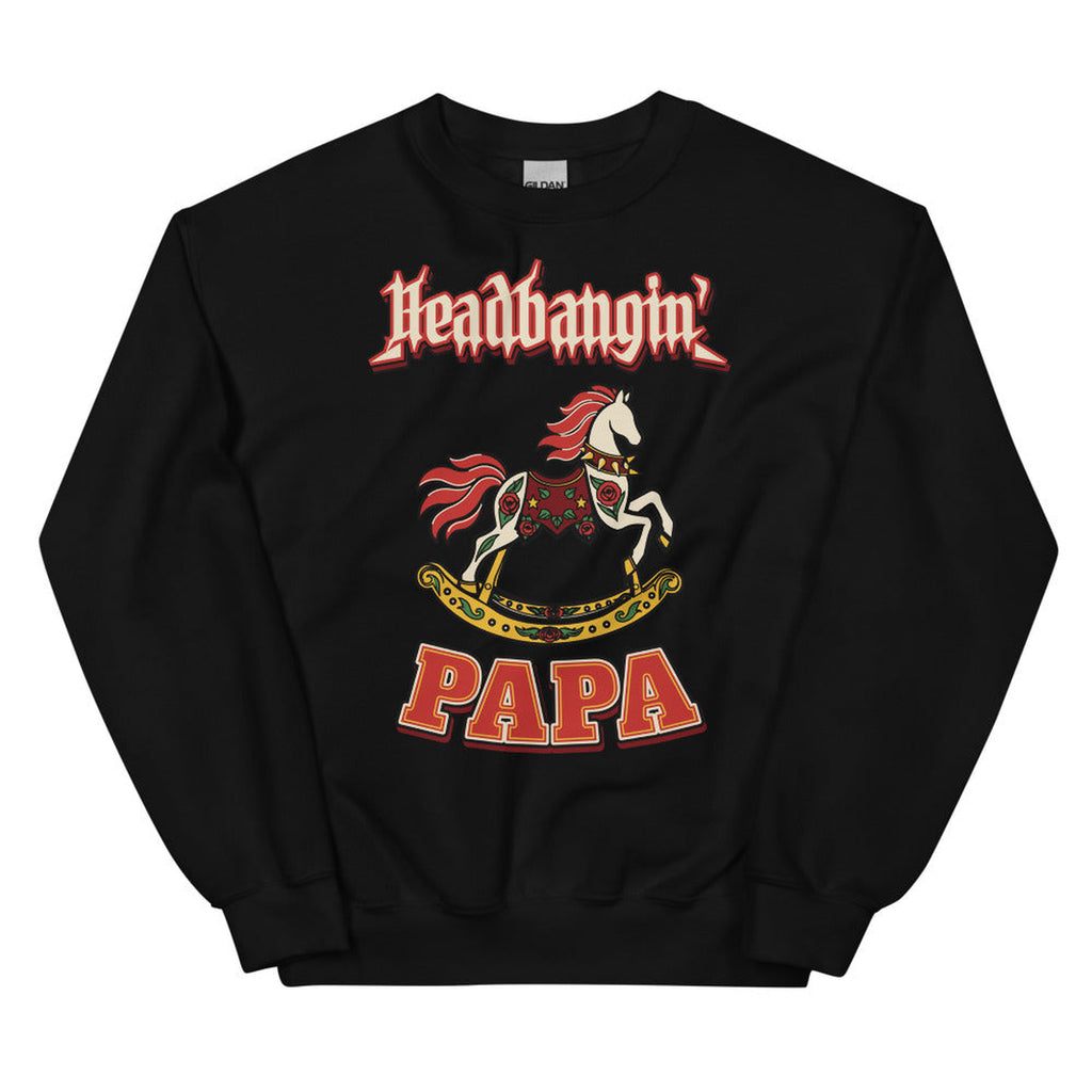 Headbangin' Papa Varsity Crewneck Sweatshirt in Black, product view on clean background.